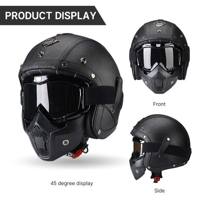 Vintage Motorcycle Helmet Men's Four season Leather Jet Helmets Electric Bike Half Helmet