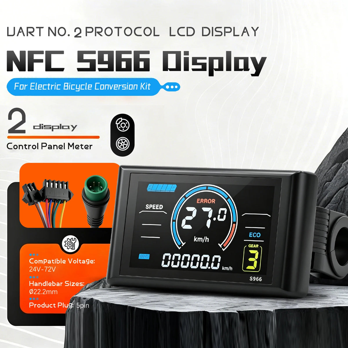 S966 NFC Smart E-Bike LCD Display Panel front view showing speed and battery level