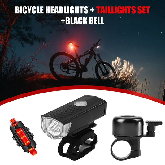 Bike Headlight Taillight Bell Set Bicycle Front Rear Lamp Waterproof Riding Cycling Light USB Charging LED Flashlight Accessorie