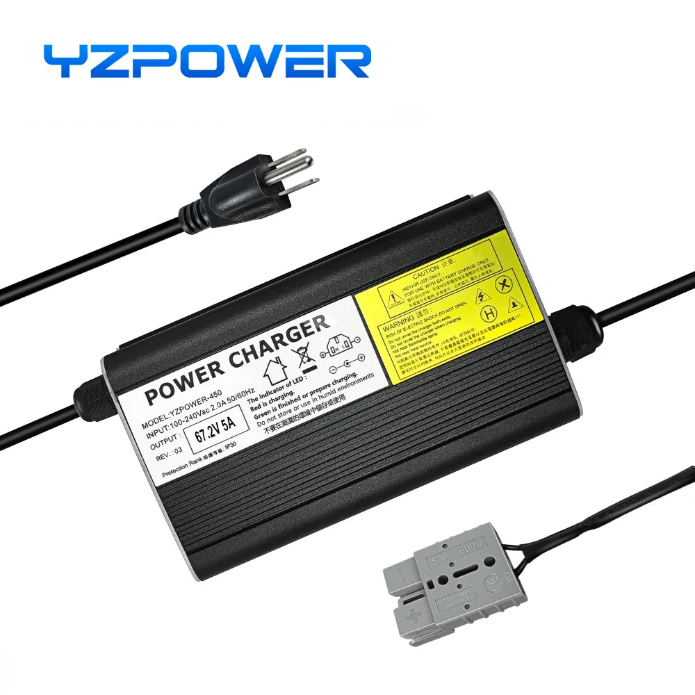 YZPOWER 67.2V 5A lithium battery charger 16S 60V charger input 110-240Vac fast charging with cooling fan