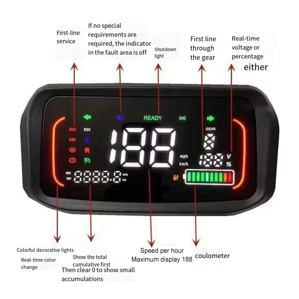 48V-72V LCD display meter for e-bike and e-scooter supporting up to 199 kmh max speed