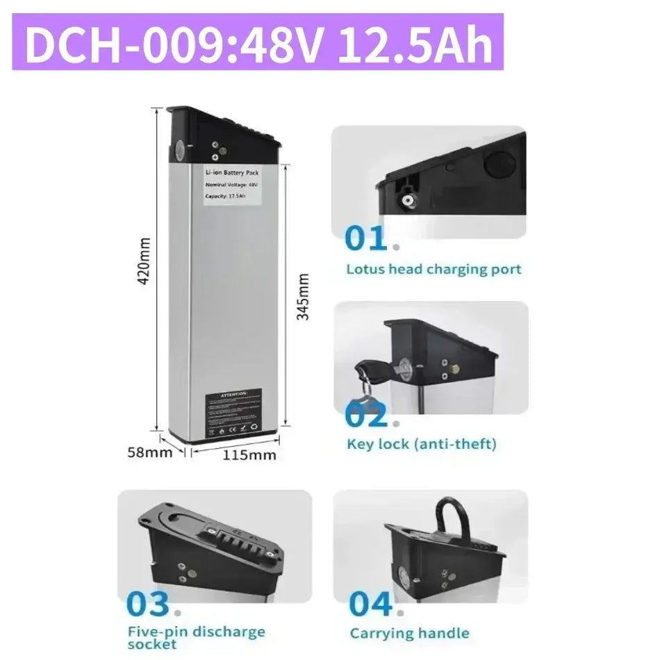 DCH-003/006/009 E-Bike Battery 36V 48V 52V (10Ah-17Ah) 350W-1000W with features like charging port, key lock, and carrying handle.