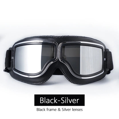 Universal Motorcycle Vintage Goggles Leather Motorbike Scooter Biker Moto Glasses Goggles for Steampunk Helmet Goggles Dustproof Black-Silver