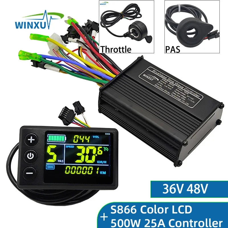 36V 48V 500W 25A E-Bike FOC Sine Wave Brushless Motor Controller S866 Colour LCD Display Set for Electric Bicycle Scooter Repair