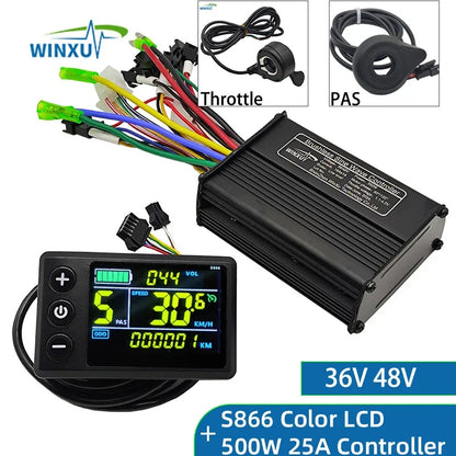 36V 48V 500W 25A E-Bike FOC Sine Wave Brushless Motor Controller S866 Colour LCD Display Set for Electric Bicycle Scooter Repair