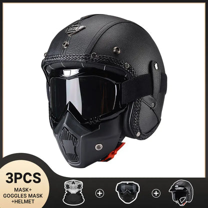 Vintage Motorcycle Helmet Men's Four season Leather Jet Helmets Electric Bike Half Helmet Black B CHINA