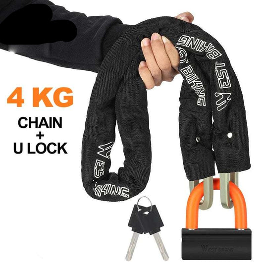 WEST BIKING Heavy Duty 4KG Chain Lock 2-in-1 U Lock Anti-Theft Bicycle Motorcycle Scooter Lock High Security Bike Equipment