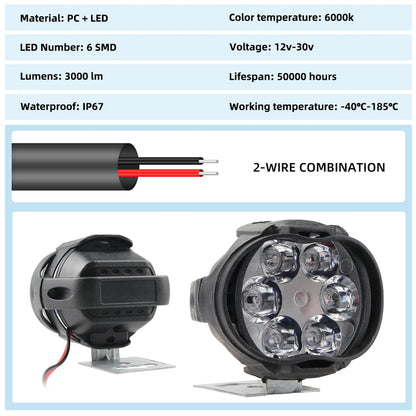 2PCS 6 LED Motorcycle Headlight Brightness Auxiliary Spotlights Scooters Waterproof Modified Light Bulbs Scooters Motor Headlamp