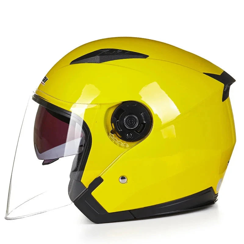 Man and woman wearing JIEKAI-512 double lens half helmet for riding