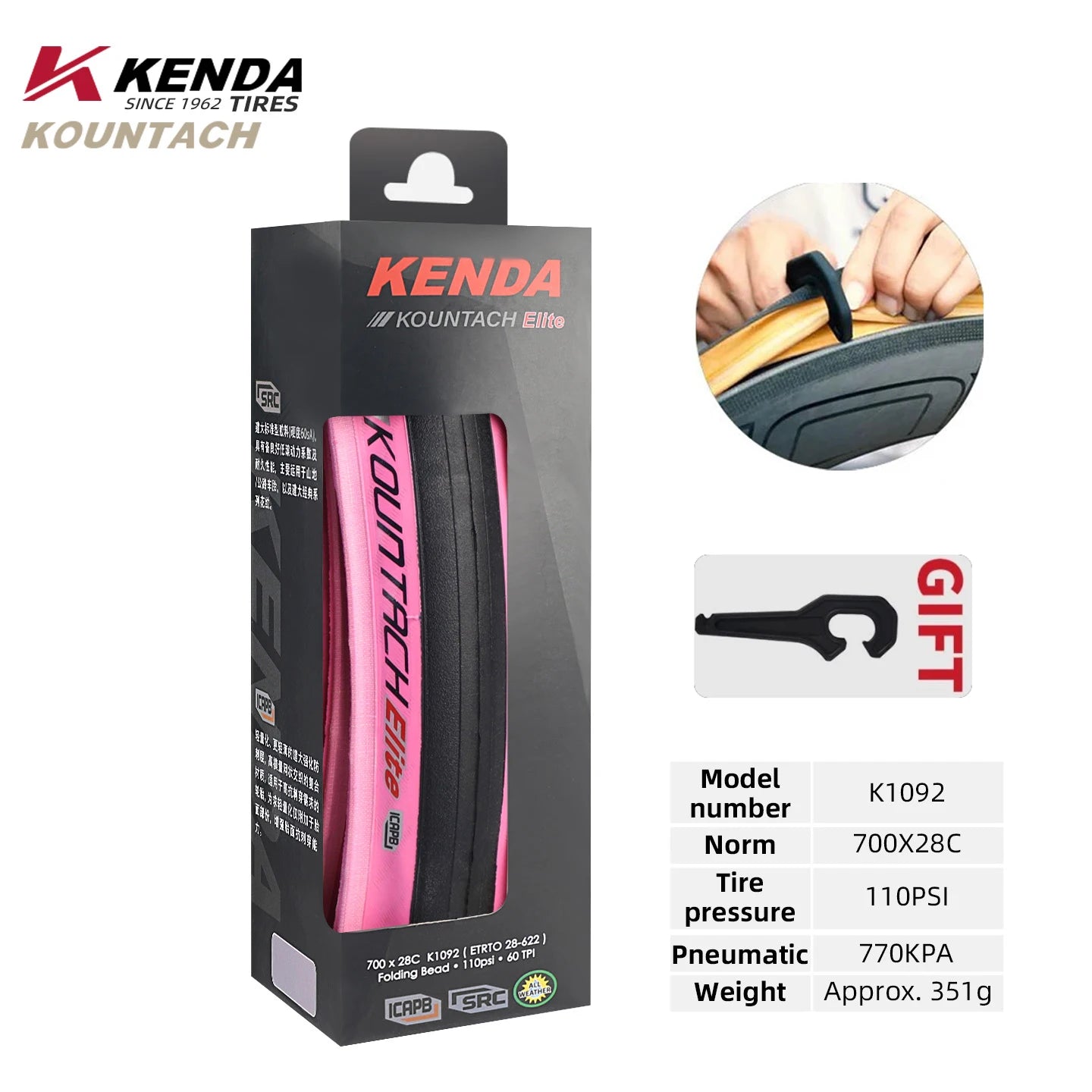 Kenda K1092 New 700x25/28c Puncture Protection Urltra-Light Bicycle Rubber Folding Tire Road Bicycle Puncture Resistant Tyre 700x28C Pink 1pc China