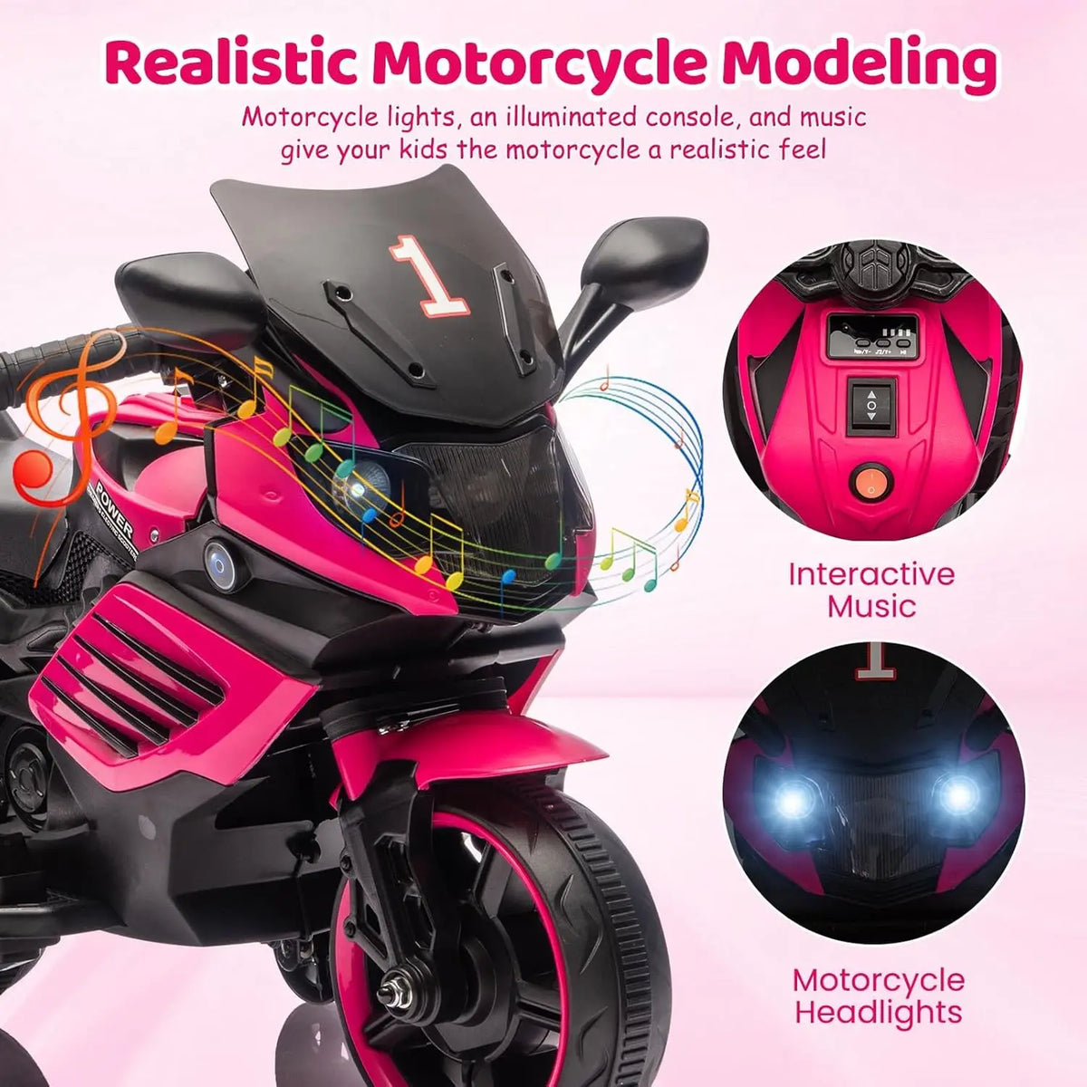 close up of sturdy training wheels on kids motorcycle toy
