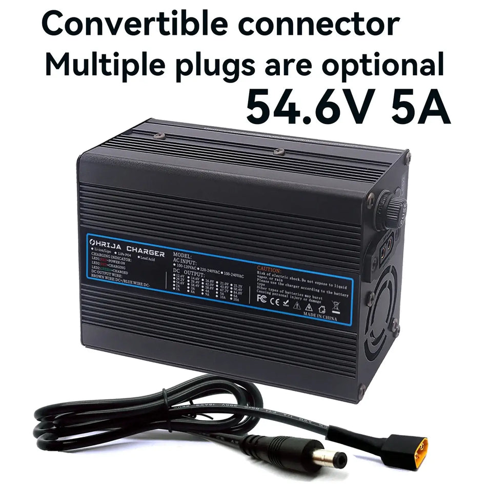 54.6V 5A Smart Lithium Battery Fast Charger for 48V 13S Battery Packs with convertible connector