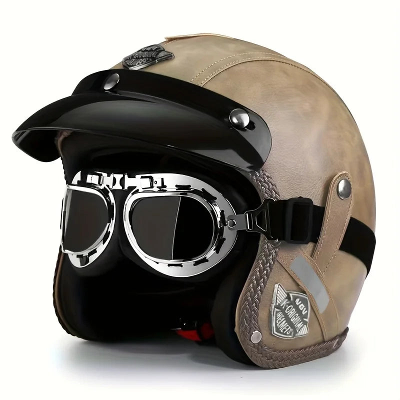 Retro Harley Motorcycle Helmet Quater-Mask in Dark Blue Leather with Copper Mirror for All Seasons 55.zongse.yin China