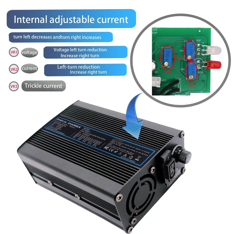 54.6V 5A Smart Lithium Battery Fast Charger for 48V 13S Battery Packs with adjustable currents and cooling fan.