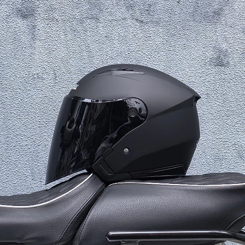 Four seasons motorcycle helmet front view with clear outer lens