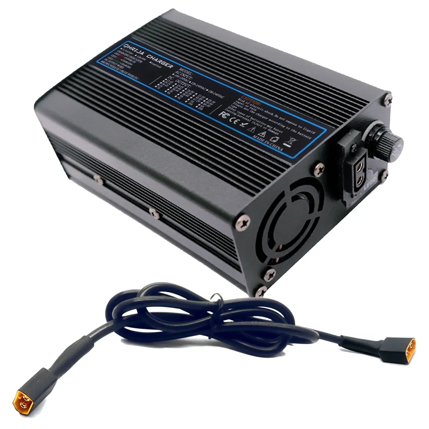 54.6V 5A Smart Lithium Battery Fast Charger for 48V 13S Battery Packs with rugged aluminum casing and cooling fan.