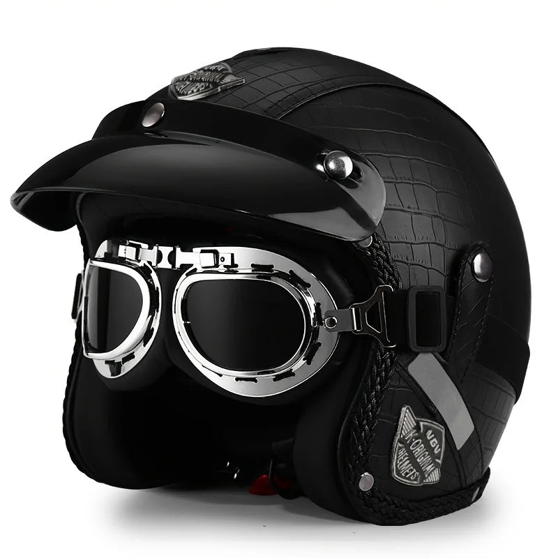 Retro Harley Motorcycle Helmet Quater-Mask in Dark Blue Leather with Copper Mirror for All Seasons 55.yuwen.yin China