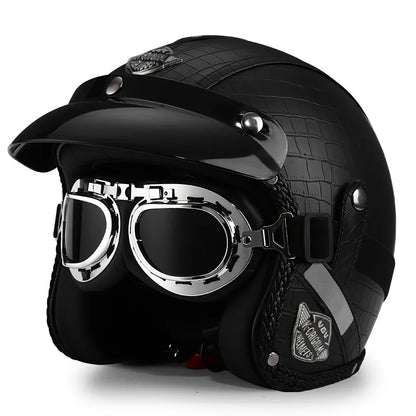 Retro Harley Motorcycle Helmet Quater-Mask in Dark Blue Leather with Copper Mirror for All Seasons 55.yuwen.yin China