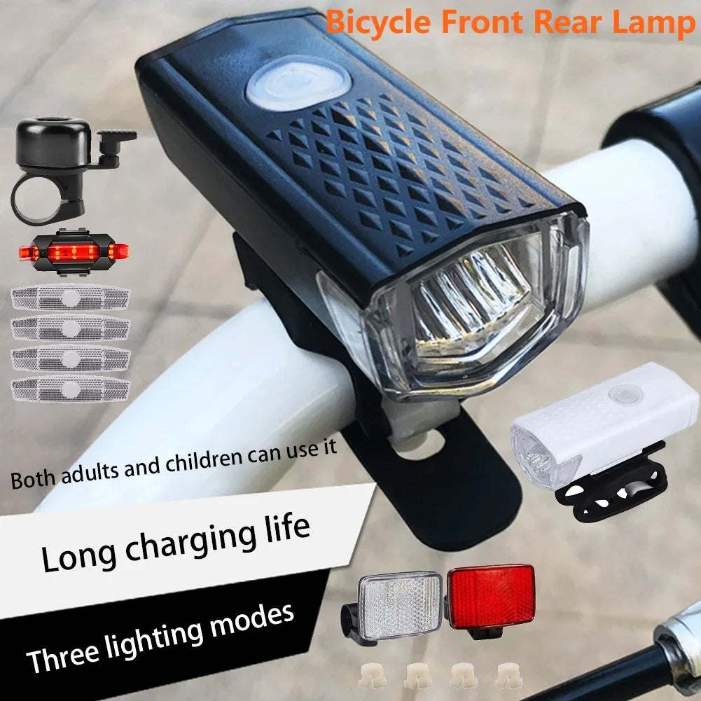 Bike Headlight Taillight Bell Set Bicycle Front Rear Lamp Waterproof Riding Cycling Light USB Charging LED Flashlight Accessorie