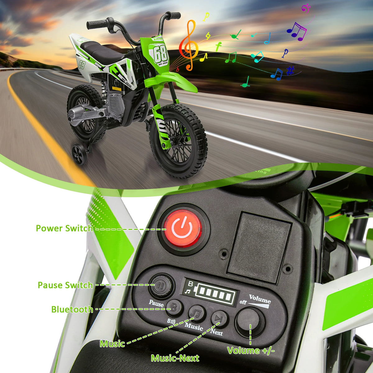 built in music control panel on 12v kids ride on bike