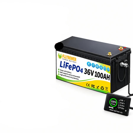 FLLYROWER 36V 100Ah LiFePO4 Lithium Battery Front View with LCD Display