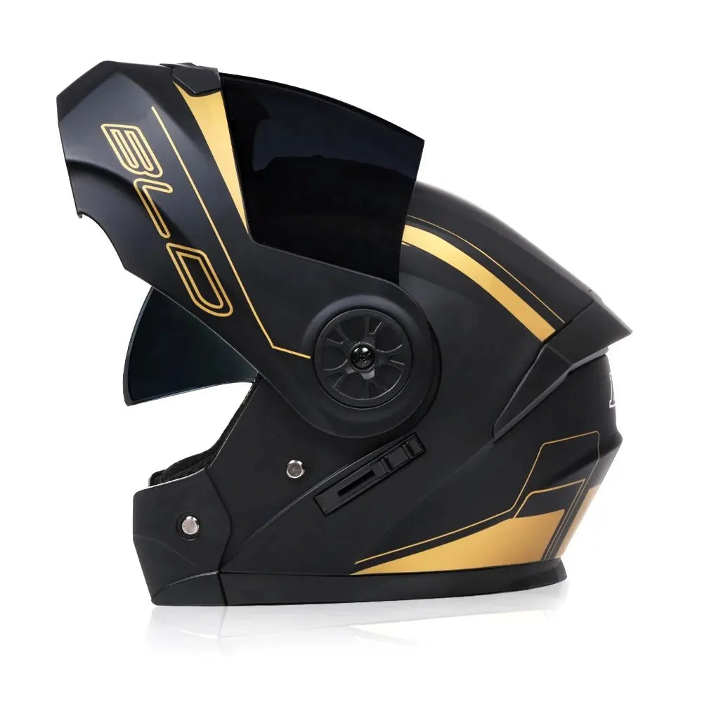 Dual Lens Flip Up Helmets Motocross Racing Modular Fashion Full Face Motorcycle Helmet gold black sun glass China