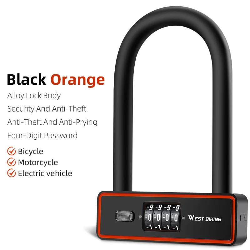 WEST BIKING Bicycle Motorbike U Lock Anti Theft Security Lock Heavy Duty Zinc Alloy Padlock E-Bike Door with Password Keys