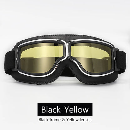 Universal Motorcycle Vintage Goggles Leather Motorbike Scooter Biker Moto Glasses Goggles for Steampunk Helmet Goggles Dustproof Black-Yellow