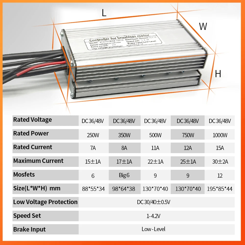 KunTeng Electric Bike Controller 36V 48V XT60 Waterproof Brushless 250W 350W 500W 1000W with 1T4 Cable 2Pin E-Brakes