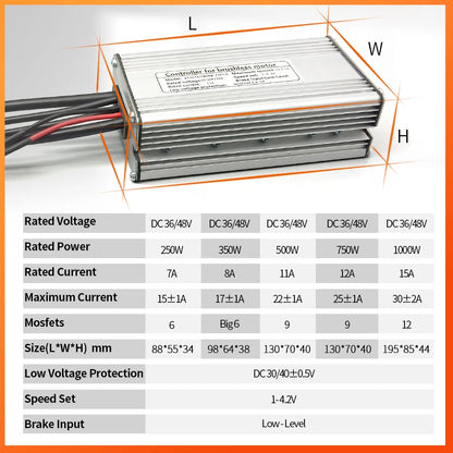 KunTeng Electric Bike Controller 36V 48V XT60 Waterproof Brushless 250W 350W 500W 1000W with 1T4 Cable 2Pin E-Brakes