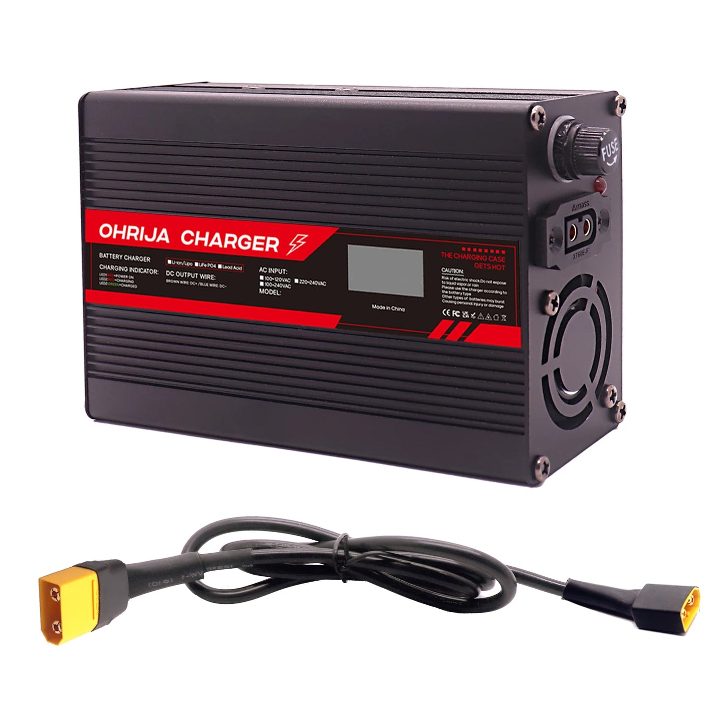 OHRIJA 67.2V 4A Lithium Battery Fast Charger with OLED Display & Interchangeable Connector Fast stabilization with cooling fan