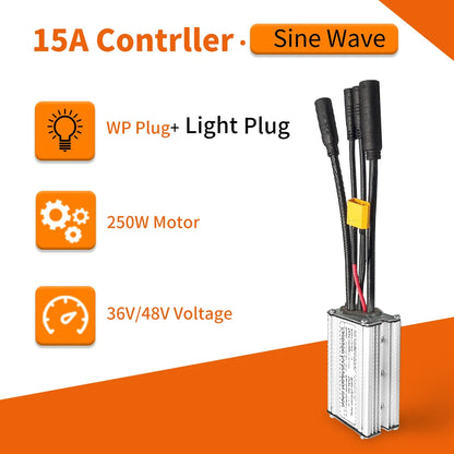 Electric Bike KT Controller 36V 48V Waterproof Brushless 250W 350W 500W 1000W Ebike Accessories with Light Function 15A Sinewave