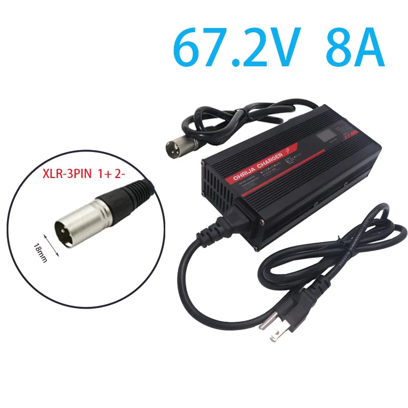 OHRIJA 67.2V 8A Charger Smart Aluminum Case Is Suitable For 16S 59.V LCD Dispay Li-ion Lipo Battery OLED Display Fast Charger XLR