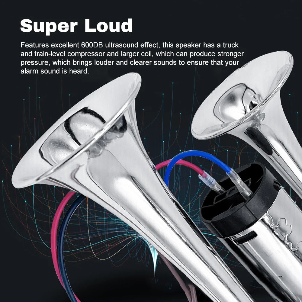 600DB Dual Trumpets, Super Loud Horns Kit with Compressor Universal for 12V Cars Motorcycles Trucks Trains Boats