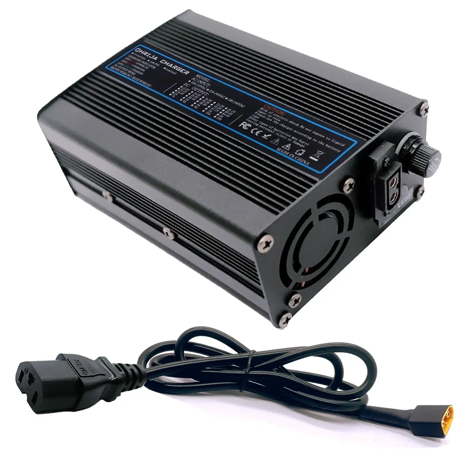 54.6V 5A Smart Lithium Battery Fast Charger for 48V 13S Battery Packs with cooling fan and power cable.