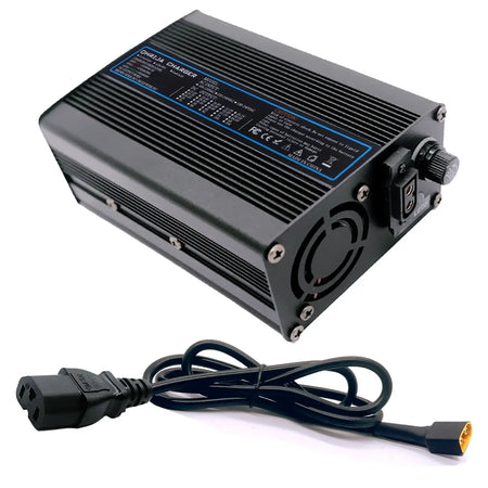 54.6V 5A Smart Lithium Battery Fast Charger for 48V 13S Battery Packs with rugged design and cooling fan.