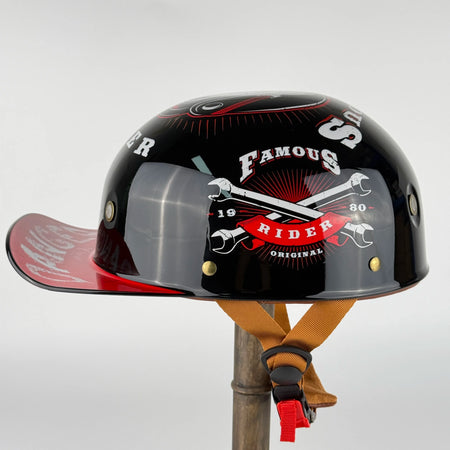Rider Wearing Retro Open Face Helmet on Cafe Racer Motorcycle
