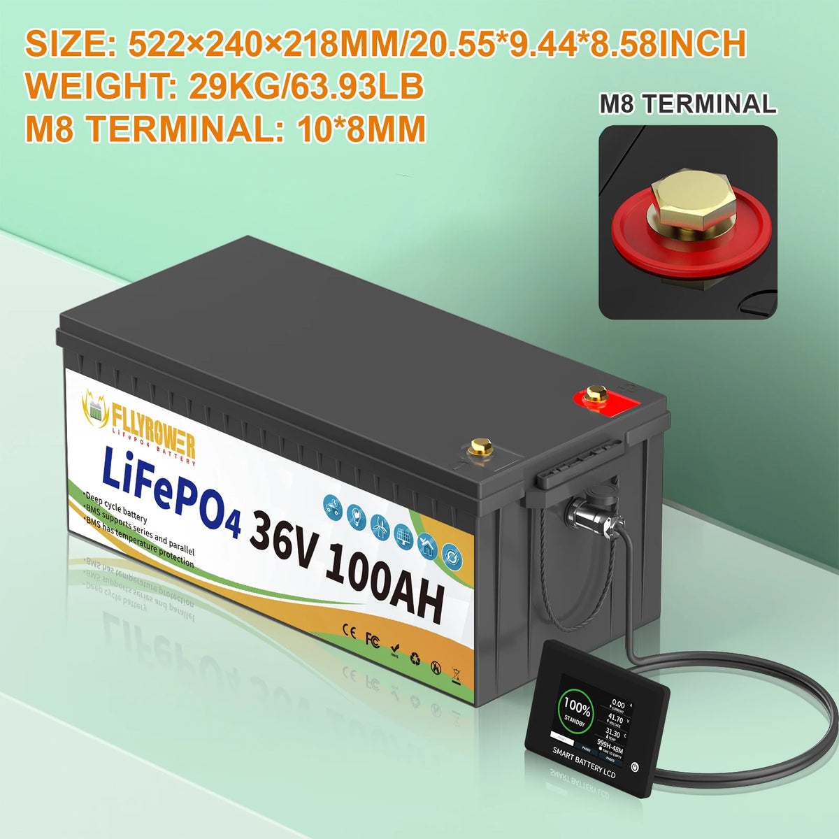 FLLYROWER Lithium Battery LCD Screen Showing Voltage and Capacity Status