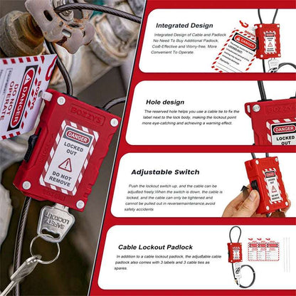 BOZZYS Industrial Adjustable Cable lockout Padlock Safety padlock with 4MM Diameter Cable