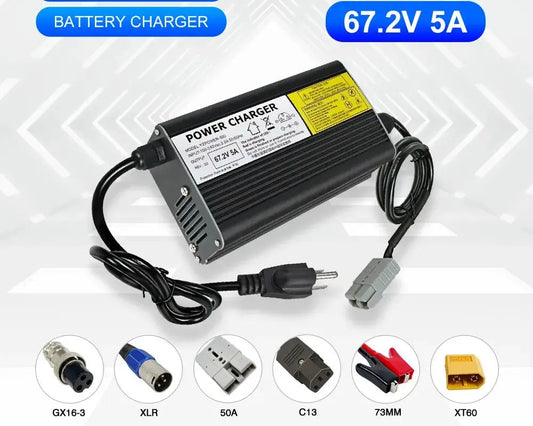 YZPOWER 67.2V 5A lithium battery charger 16S 60V charger input 110-240Vac fast charging with cooling fan