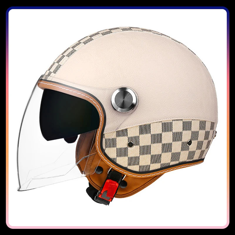 Motorcycle Helmet Handmade Leather Men Women Open Face Helmet Double Visor Jet Helmets