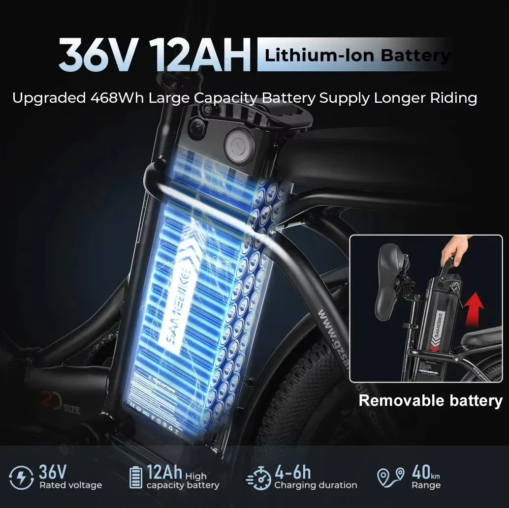   SAMEBIKE CY20 36V 12AH Folding Retro Electric Bike – 20” Alloy Frame, Dual Seat, 350W Motor