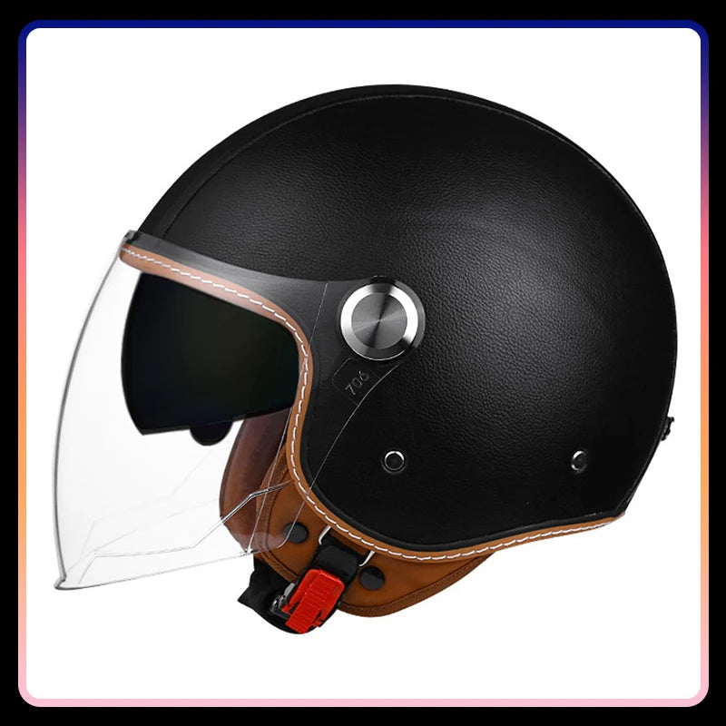 Motorcycle Helmet Handmade Leather Men Women Open Face Helmet Double Visor Jet Helmets