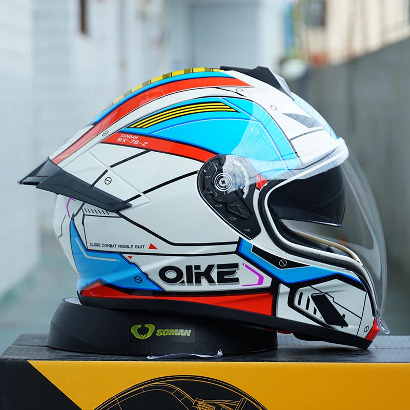 Action shot of a rider wearing a professional full face motorcycle helmet