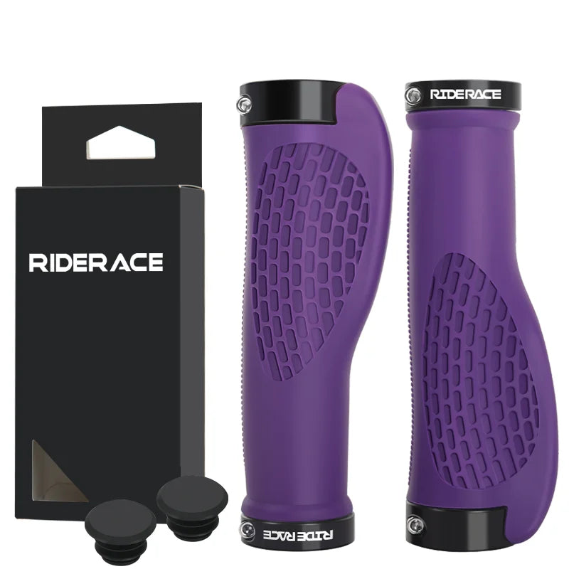 RIDERACE Bicycle Handlebar Grips Dual Lock Mountain Bike Handle Bar Cover Shockproof Non-Slip Ergonomic Cycling Grip Soft Rubber PURPLE