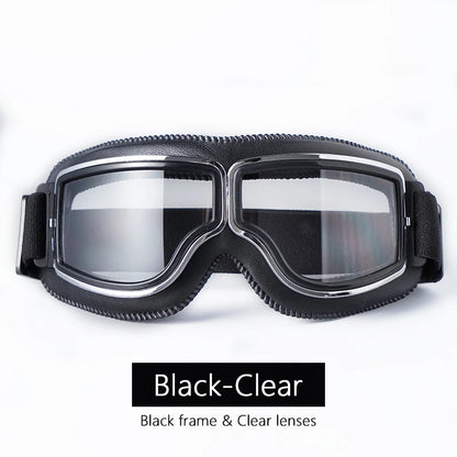 Universal Motorcycle Vintage Goggles Leather Motorbike Scooter Biker Moto Glasses Goggles for Steampunk Helmet Goggles Dustproof Black-Clear