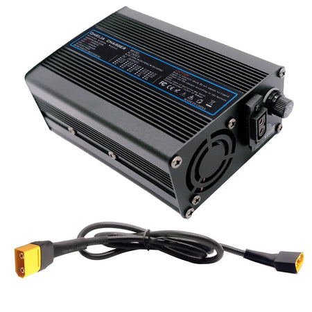 54.6V 5A Smart Lithium Battery Fast Charger for 48V 13S Battery Packs with rugged aluminum design and cooling fan.