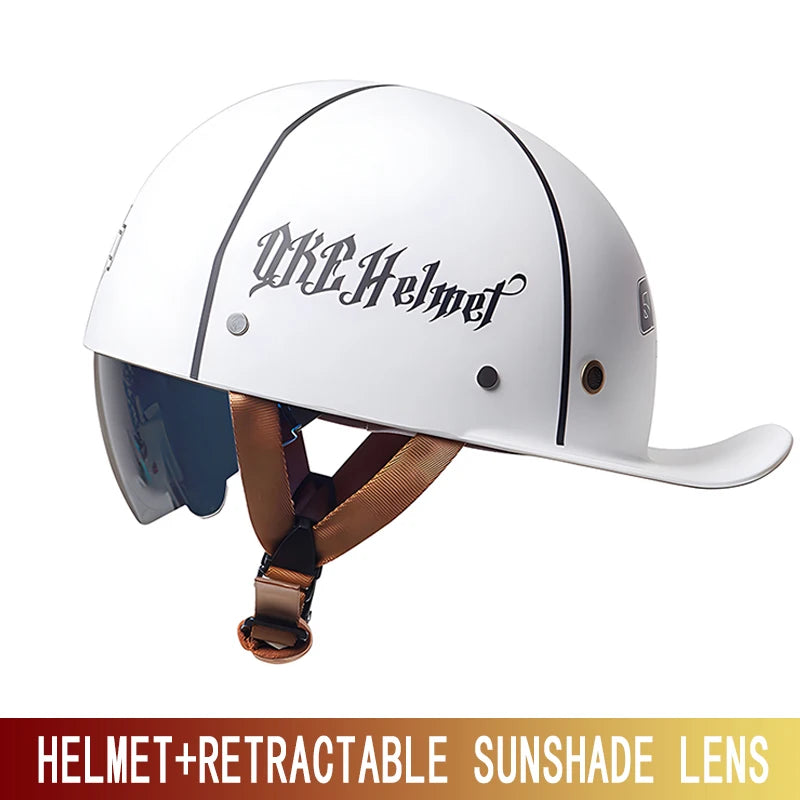 Lifestyle image of a rider wearing a summer retro motorcycle half helmet