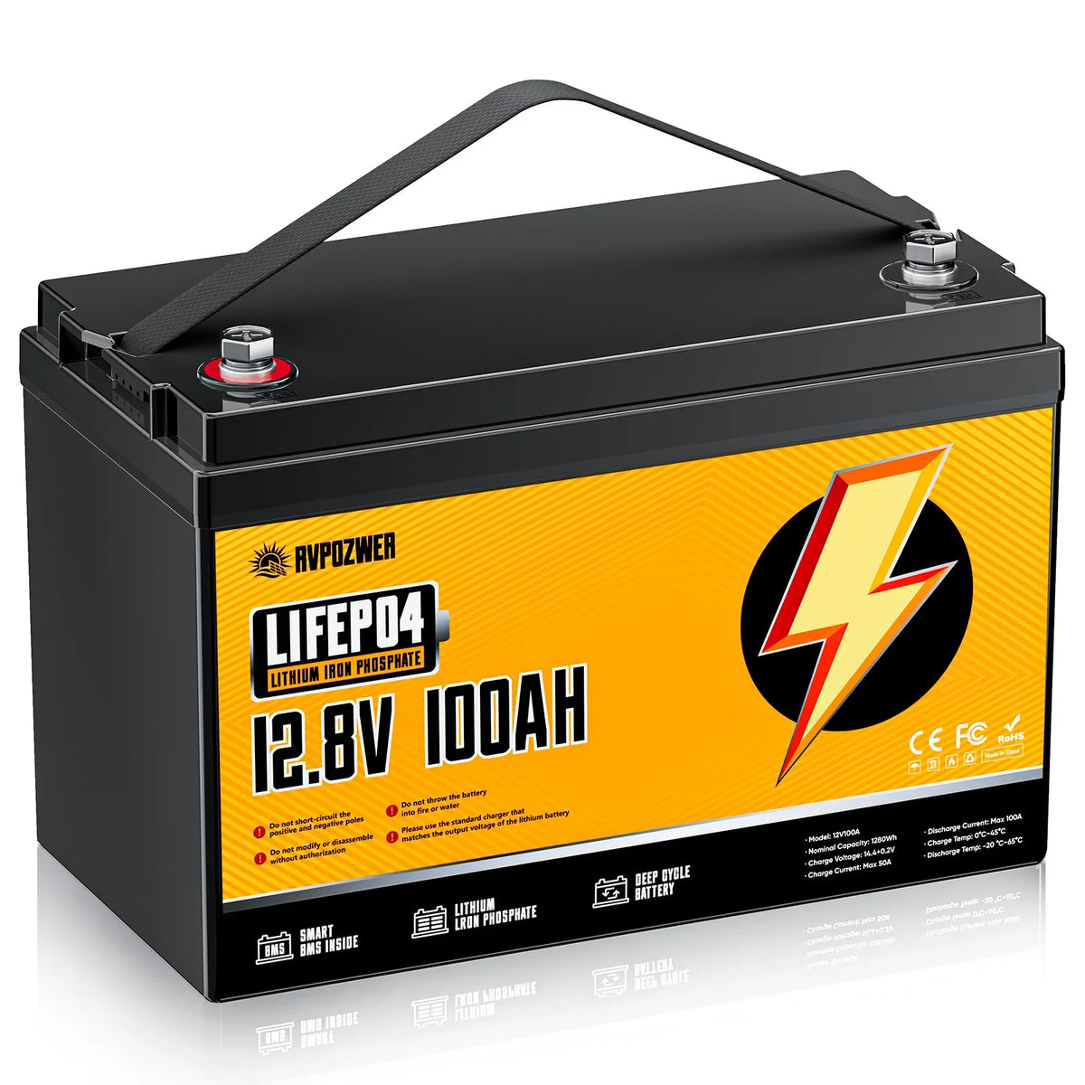RVPOZWER 12V 100Ah LiFePO4 Lithium Battery Front Hero View