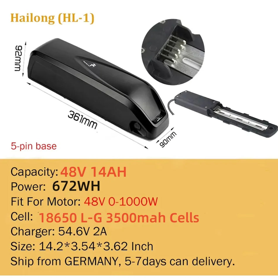Hailong Polly E-Bike Battery 36V/48V (13Ah - 25Ah) | Long Range Lithium Pack for 250W-1500W Motors | Fits Bafang BBS01/BBS02